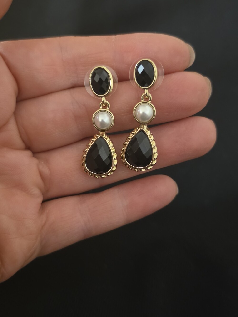 Vintage 1950s Napier Jet Black & Natural Pearl Triple Drop Earrings